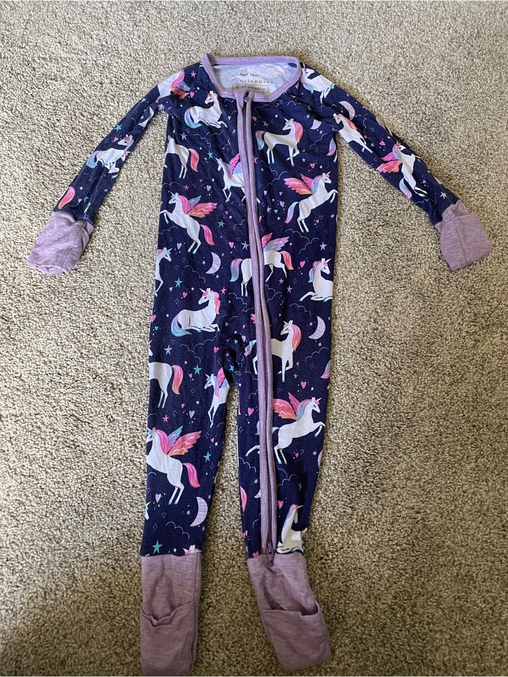 Little Sleepies Navy Unicorn Print Footed One-Piece with Lavender Trim